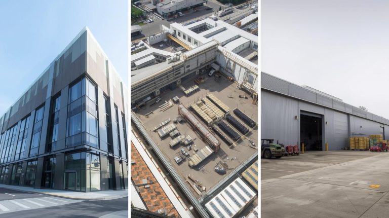 3 pictures in one, a commercial building, a small construction site and a factory_ warehouse. divide the pictures please