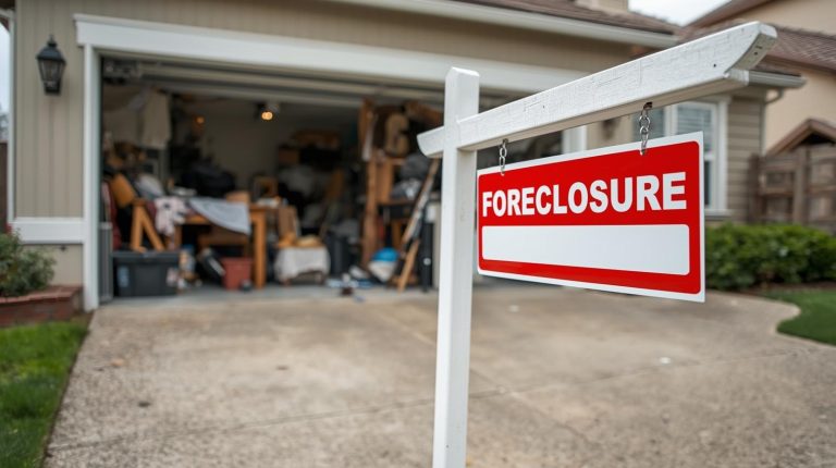 A foreclosure sign and behind it is a home with the garage open with a bunch of junk. Make sure the sign reads “ foreclosure “