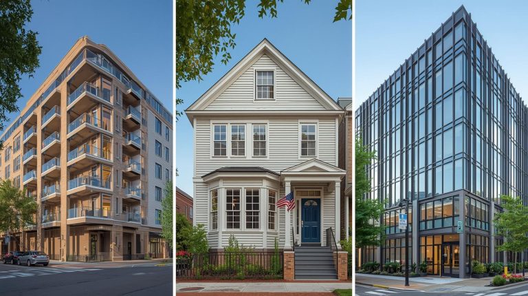 Give me apartment complex _ houses_ and a commercial building. 3 pictures in on picture