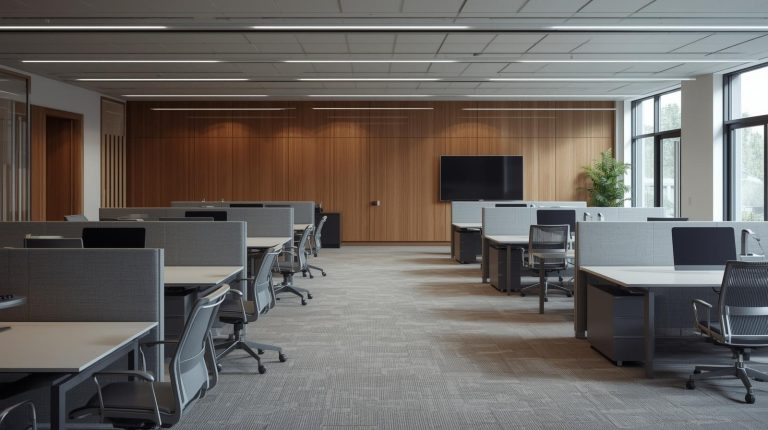 Office furniture and chairs and tables and cubicles in an elegant office