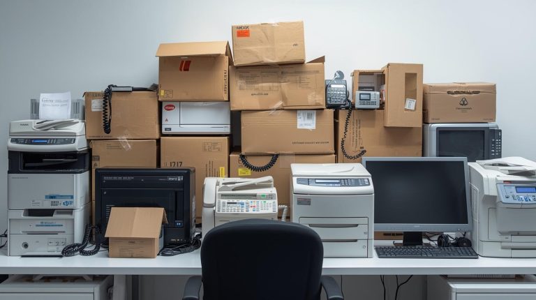 corporate office junk, like boxes, old phone systems, printers, fax machines, office chairs , random monitors, etc stacked nicely on someone’s desk